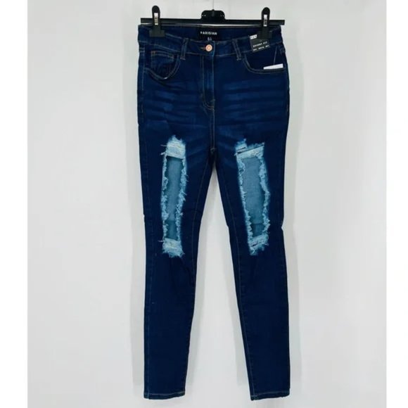 Blue High Waist Ripped Distressed Skinny Denim Jeans Pants - Picture 9 of 13